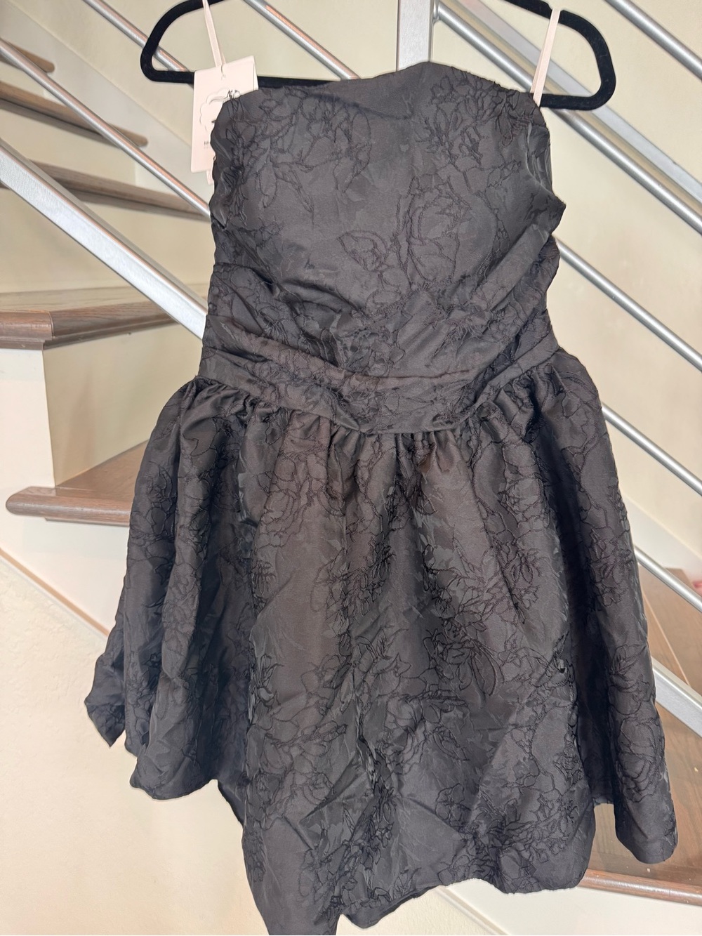 Strapless Black Floral Jacquard Cocktail Dress